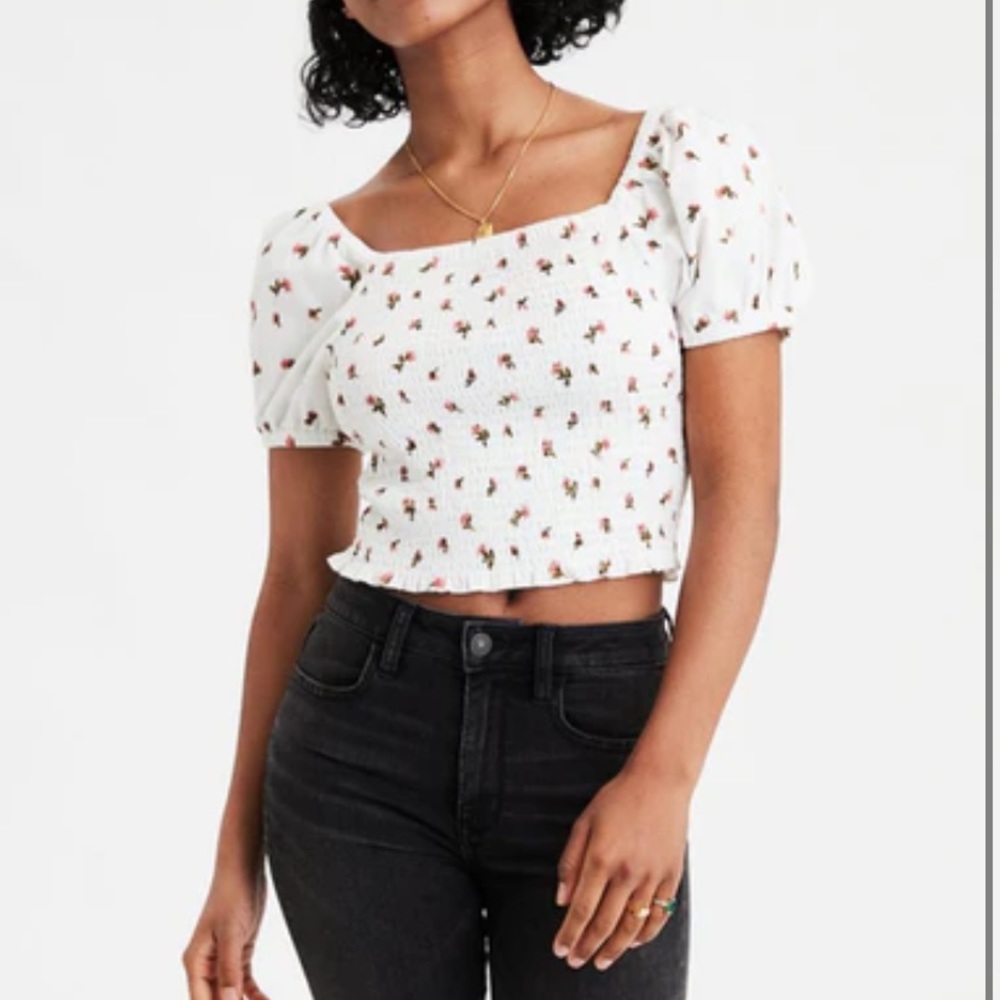 American Eagle White Floral Smocked Corduroy Crop